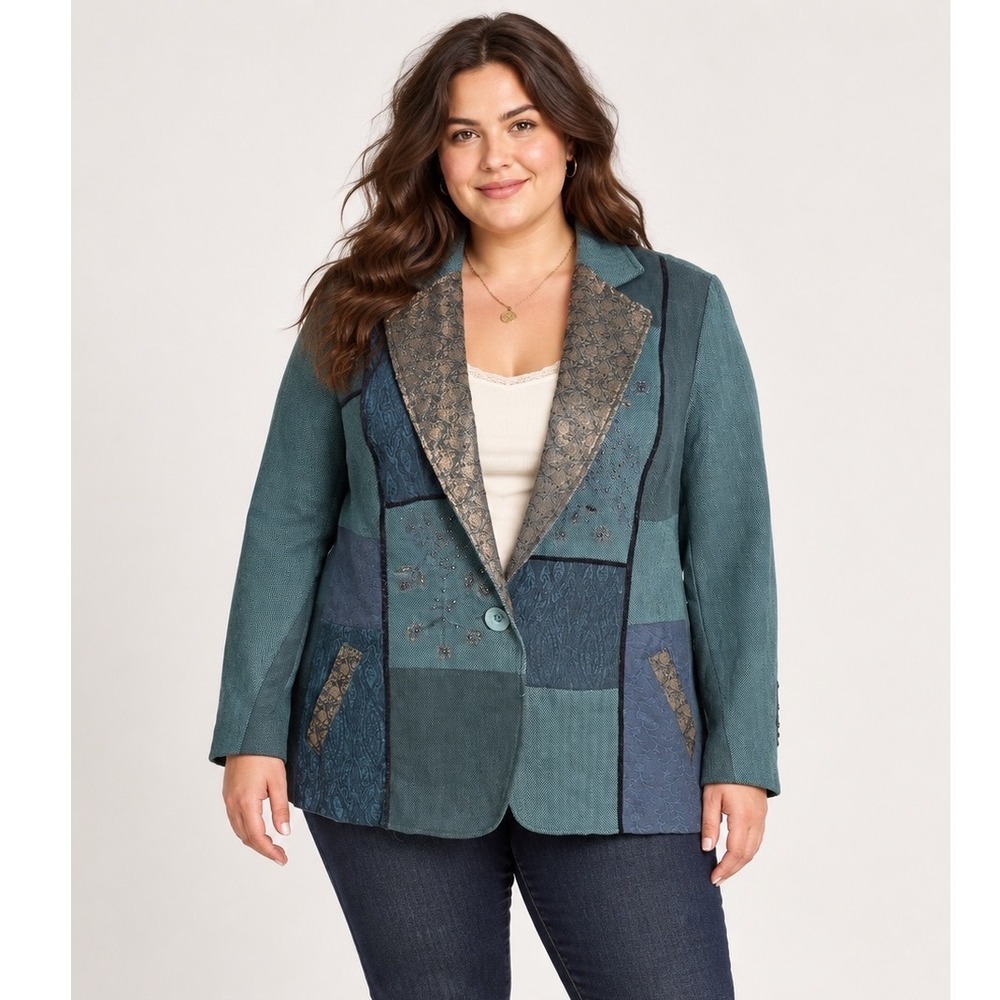 Coldwater Creek Blazer Blue Green Embroidered Patchwork Beaded Jacket Size 20